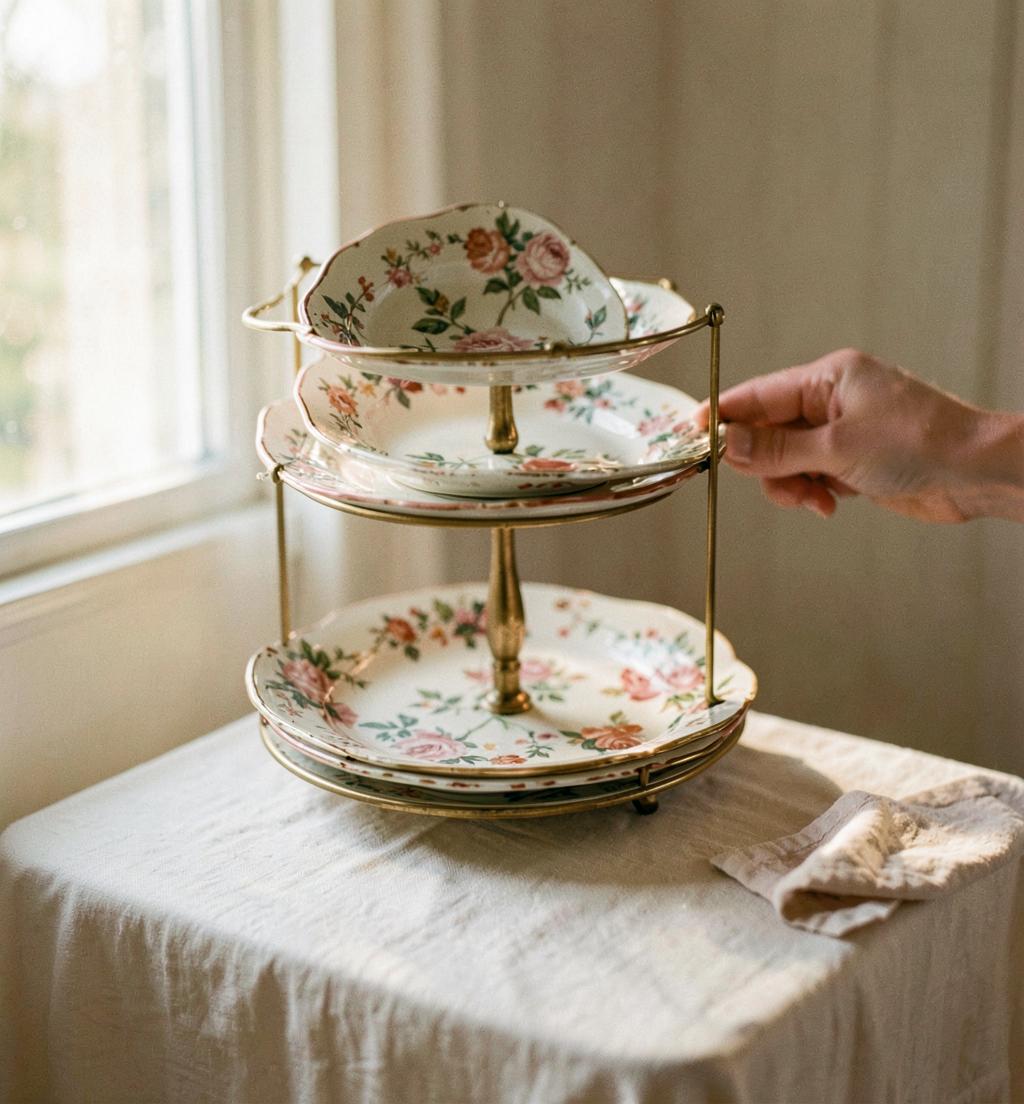 Handgemaakte etagère van vintage borden op een crèmekleurige tafel